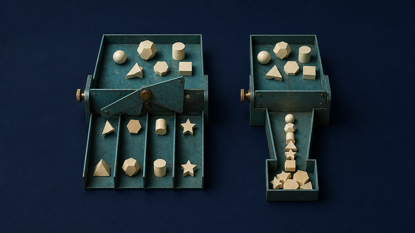 A movable sorting gate sends different inputs toward different routes while a fixed gate sends every input the same way.