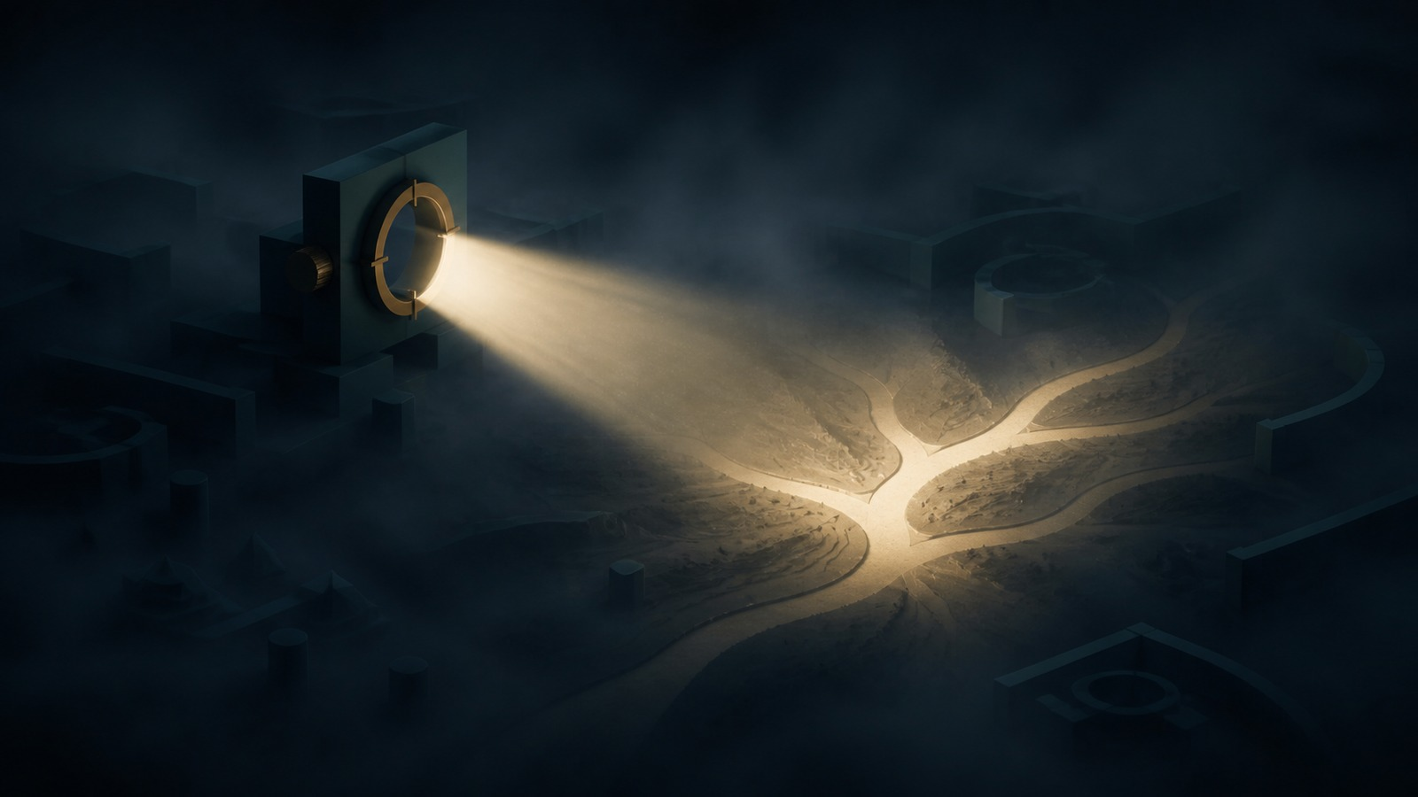 A finite beam illuminates one branching decision boundary within a wider field of uncertainty.