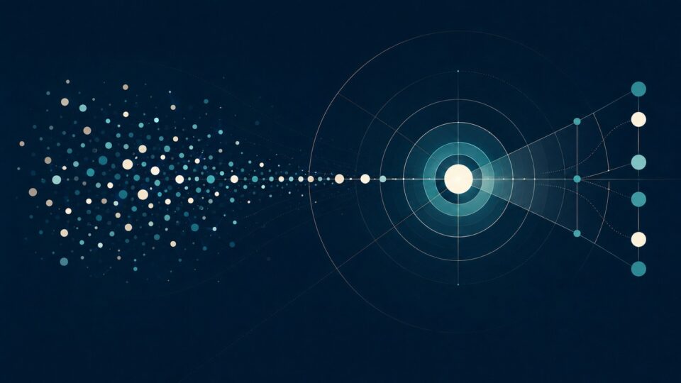Abstract evidence points converging into a decision-ready signal and outcomes.