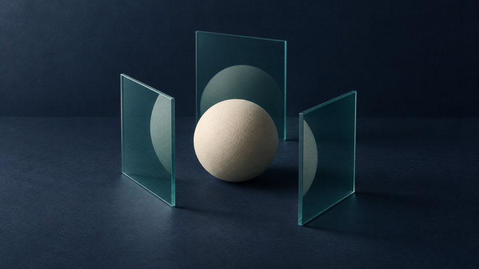 An ivory geometric object sits among three angled translucent planes on a navy surface.