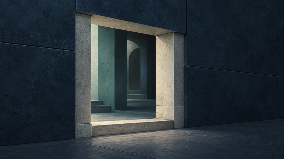 A shallow architectural opening reveals its structure while the deeper interior remains partly obscured.