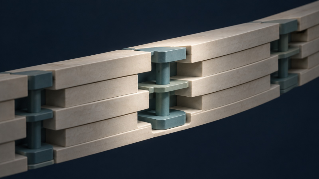 A softly lit exposed joint connects layers within a longer architectural structure.