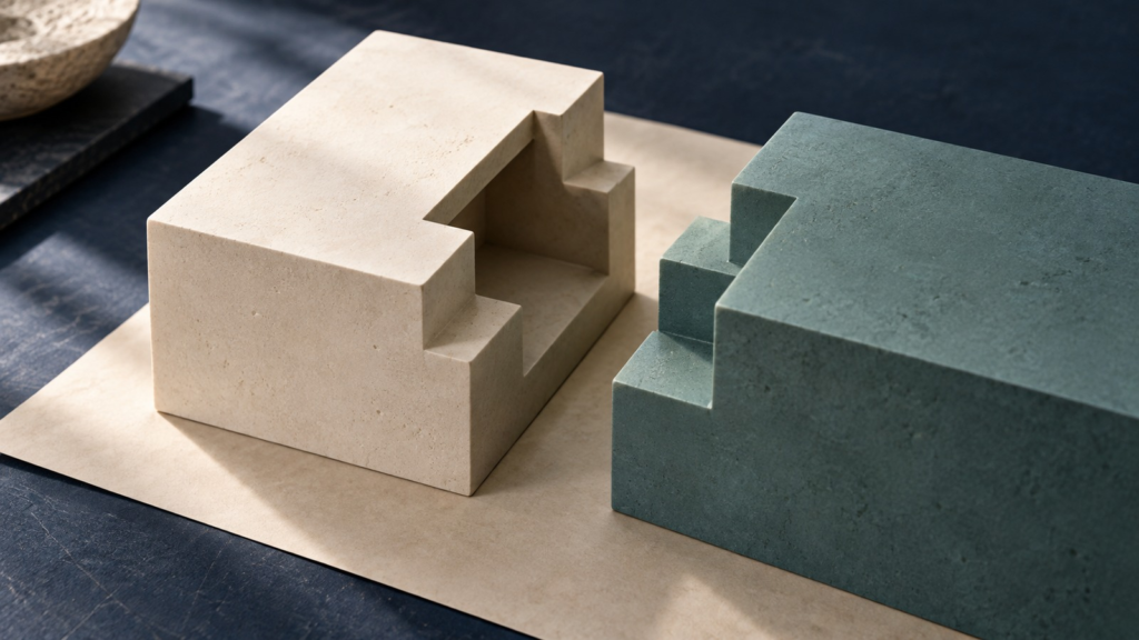 An ivory recessed block and a teal stepped block face each other across a gap on a dark worktable.