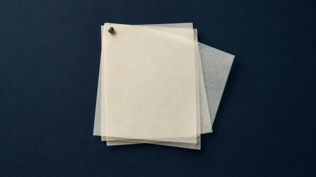 One translucent sheet turns outward from a paper stack while remaining attached at a corner fastener.