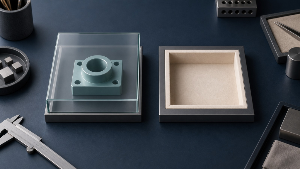A covered component sits beside a separate empty fitted recess on a precision workbench.