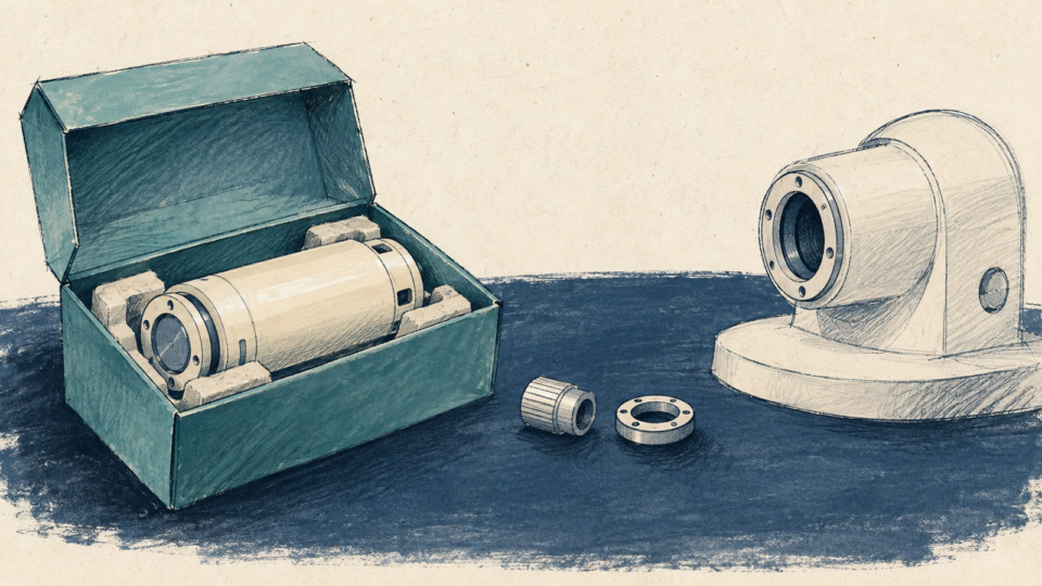 Hand-drawn illustration of a delivered component beside an unassembled receiver and connectors.