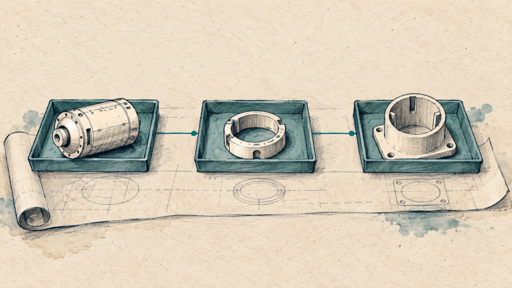 Hand-drawn trays holding separate components needed at successive handoffs.