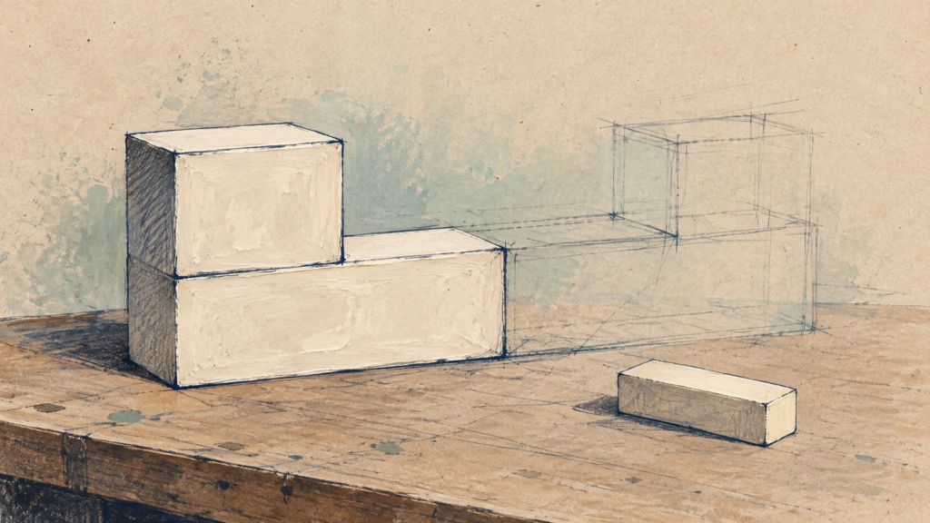 Painted solid blocks continue into a tentative pencil outline on the same drawing.